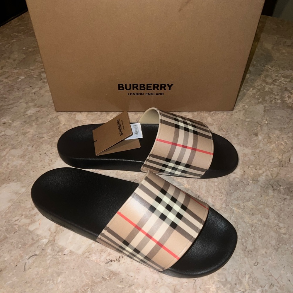 BURBERRY FURLEY BLACK RUBBER BEIGE VINTAGE IP CHECK LOGO SANDAL SLIDES 45 US12